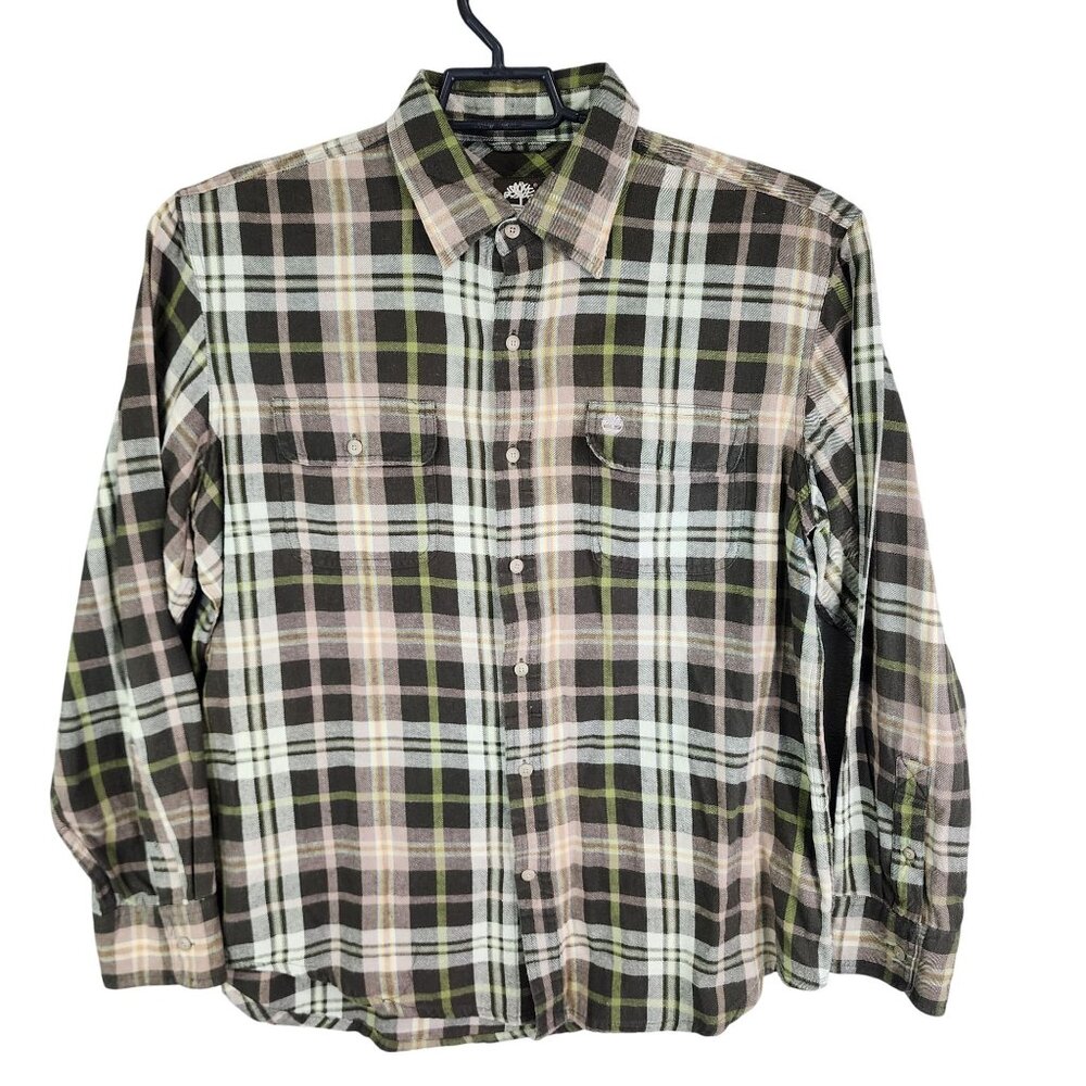 Mens Timberland Green Brown Plaid Shirt Long Sleeve Button Down 100% Cotton L